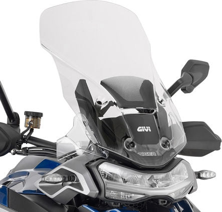 Givi Windscreen for Triumph Tiger 1200 GT, Tiger 1200 Rally, color Clear,, dim. HxW 57 x 38 cm, 12,5 cm higher than oe, fits oe headlight fairing | D6422ST