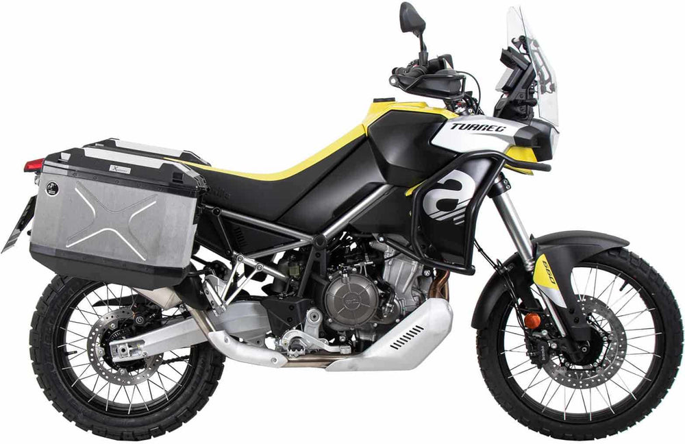 Hepco & Becker Side carrier cutout black incl. Xplorer silver sideboxes for Aprilia Tuareg (2022-) | 6517599 00 01-00-40
