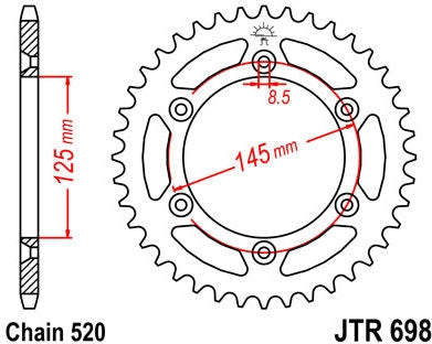 JT SPROCKETS Rear Sprocket 44 Teeth Steel Standard 520 Pitch Type 698 | JTR698.44