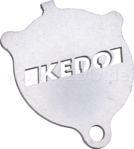 Kedo Side Stand Support (shape like oil filter cover SR / XT), 3mm stainless steel with rounded edges, lasered lettering | 41067KD