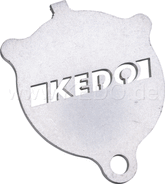 Kedo Side Stand Support (shape like oil filter cover SR / XT), 3mm stainless steel with rounded edges, lasered lettering | 41067KD