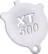 Kedo Side Stand Support (shape like oil filter cover SR / XT), 3mm stainless steel with rounded edges, lasered XT lettering | 41067XT