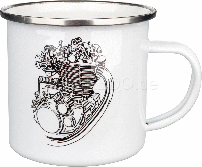 Kedo Nostalgia Mug '500cc' with stylized SR / XT500 engine, 300ml white / black in gift box, enamel with metal rim (hand rinses recommended) | 41411
