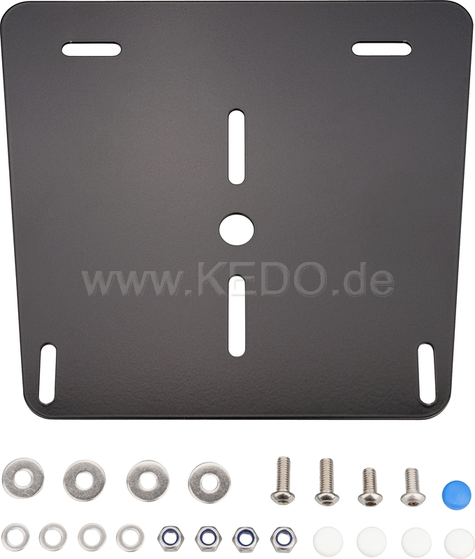 Kedo License Plate Pad for original taillight and Euro License Plate, 2mm aluminum black coated, needs original rubber buffer item 50167 | 50158