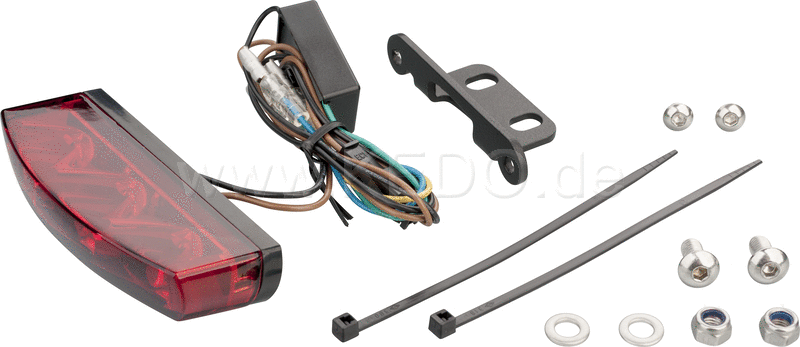 Kedo LED Taillight MT-style, red lens, with stainless steel bracket suitable for 'fenderless' tail item 62032, E-approved | 62033R