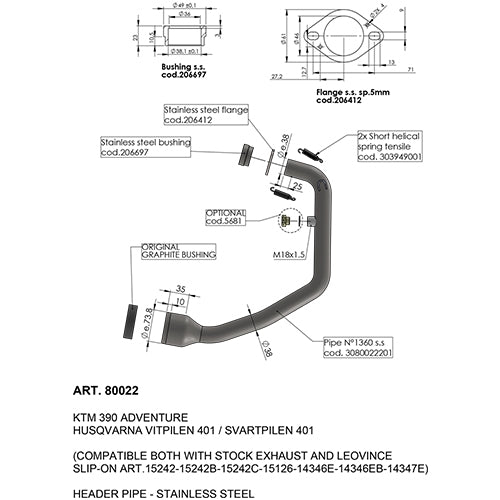 LEOVINCE SBK HEADER PIPE HUSQVARNA SVARTPILEN/VITPILEN 401/KTM 390 ADVENTURE NOT APPROVED | 80022
