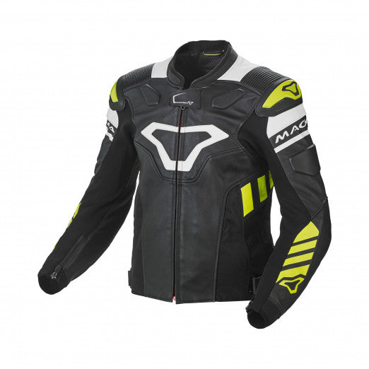 Macna Tracktix Mens Leather Jackets Black/White/Neon yellow | 1667577-127