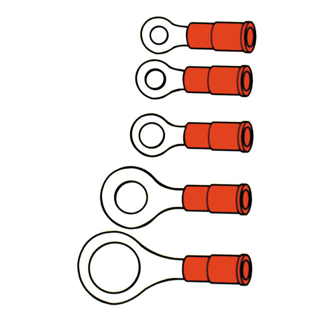 Connectors, ring terminal PVC, crimp. Red 6.35mm