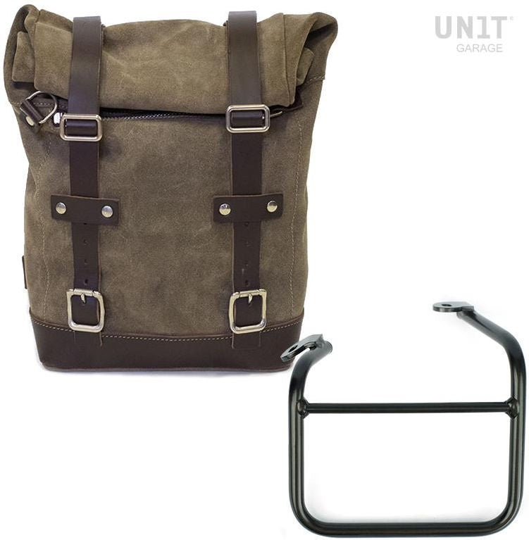 Unit Garage Waxed Suede Side Pannier + Left frame for Ducati Scrambler 1100 with double exhaust on the right | U002-1009SX
