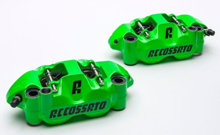 Accossato forged monoblock brake caliper Right, 108 mm, aluminium-made pistons - racing Green coating  - brake pads ST included