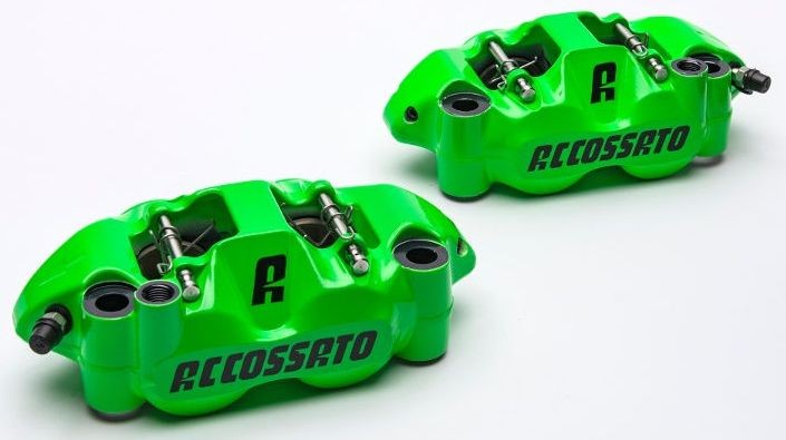 Accossato forged monoblock brake caliper Left, 108 mm, aluminium-made pistons - racing Green coating  - brake pads ST included