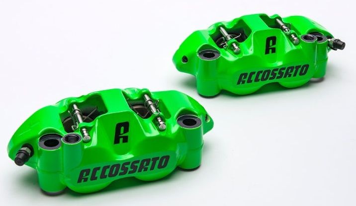 Accossato forged monoblock brake caliper Right, 108 mm, aluminium-made pistons - Fluorescent Red coating  - brake pads ST included