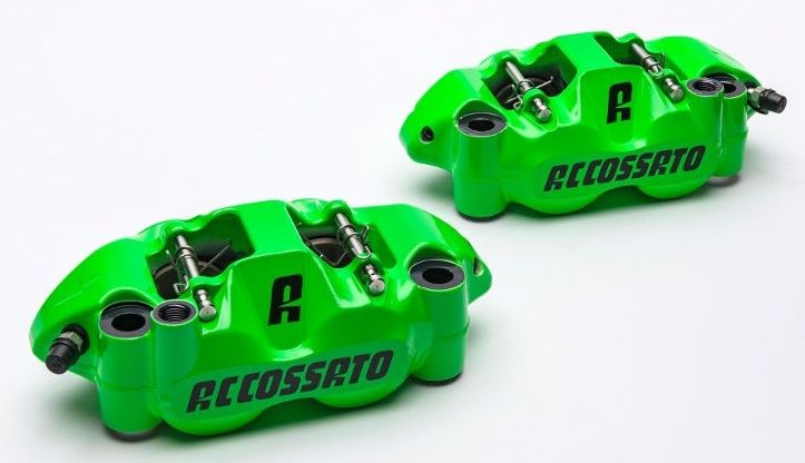 Accossato forged monoblock brake caliper Left, 108 mm, aluminium-made pistons - Fluorescent Red coating  - brake pads ST included