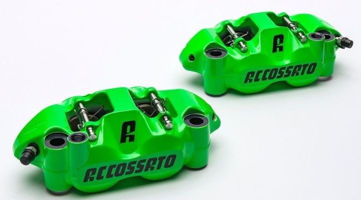 Accossato forged monoblock brake caliper Left, 108 mm, aluminium-made pistons - Fluorescent racing Red coating - brake pads ZXC included