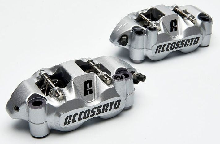 Accossato forged monoblock brake caliper Left, 108 mm, aluminium-made pistons - racing Silver coating  - brake pads ST included