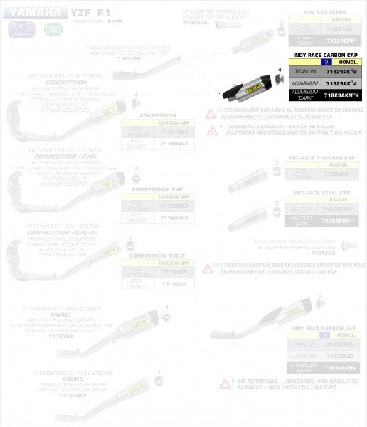 ARROW YAMAHA YZF R1'15 HOMOLOGATED ALUMINIUM INDY RACE SILENCER WITH CARBON END CAP FOR ORIGINAL COLLECTORS | 71829AK