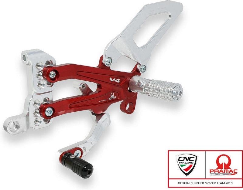 CNC Racing Adjustable rear sets Ducati Panigale V4 series for V4, V4 S and V4 Speciale - Pramac Racing limited Edition, Silver/Red | PE406PR