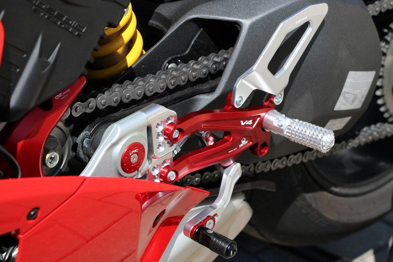 CNC Racing Adjustable rear sets Ducati Panigale V4 series for V4, V4 S and V4 Speciale - Pramac Racing limited Edition, Silver/Red | PE406PR
