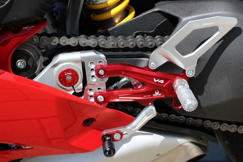 CNC Racing Adjustable rear sets Ducati Panigale V4 series for V4, V4 S and V4 Speciale - Pramac Racing limited Edition, Silver/Red | PE406PR