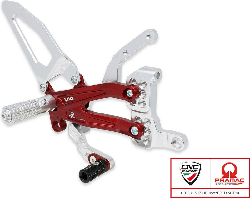 CNC Racing Adjustable rearsets Ducati Streetfighter V4 - Pramac Racing limited Edition, Silver/Red | PE409RPR