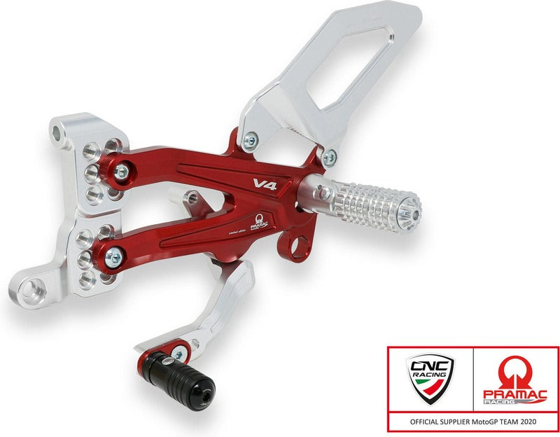 CNC Racing Adjustable rearsets Ducati Streetfighter V4 - Pramac Racing limited Edition, Silver/Red | PE409RPR