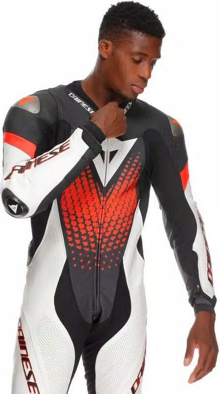Dainese LAGUNA SECA 6 PERF 1PC LEATHER SUIT, BLACK/WHITE/RED-FLUO, Size 50 | 2015100061N32011