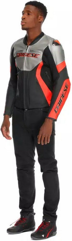 Dainese RACING 5 LEATHER JACKET, SILVER/BLACK/RED-FLUO | 2015300031-245
