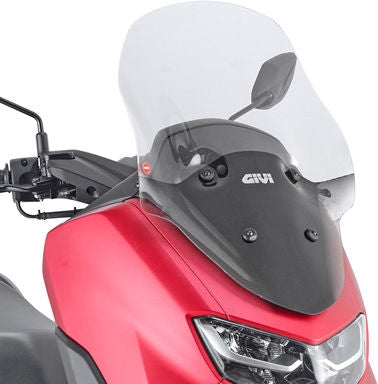 Givi Windscreen for Yamaha N-MAX 125/155 15-20, color clear, dim. HxW 58,5 x 41 cm, 15,5 cm higher than stock, D2153KIT fitting kit required to install (not included) | 2153DT