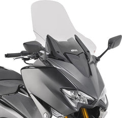 Givi Windscreen for Yamaha TMAX 530 17-19, TMAX 560 20-21, color Clear, dim. HxW 59,5 x 61 cm, 12,5 cm higher than oe, fits oe headlight fairing | D2133ST