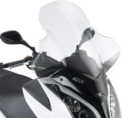 Givi Windscreen for Kymco Downtown 125/200/300 09-16, Xtown 125/300 16-, color Clear, dim. HxW 81,5 x 64 cm, 15 cm higher than oe, fits oe headlight fairing | D294ST