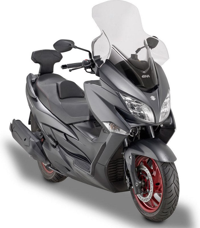 Givi Windscreen for Suzuki Burgman 400 18-, color Clear, dim. HxW 75 x 67 cm, 21 cm higher than oe, fits oe headlight fairing | D3115ST