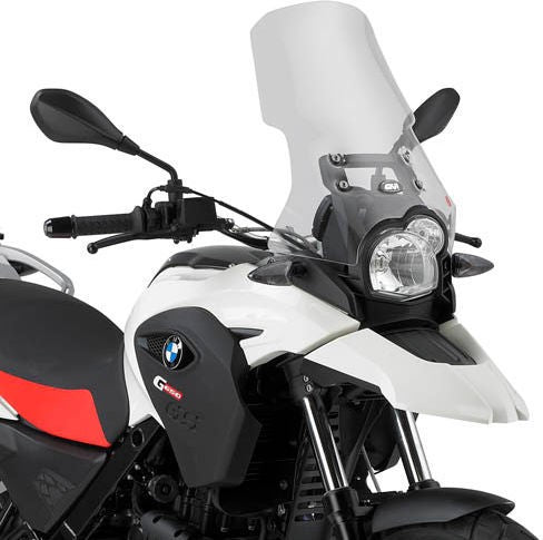 GIVI Windscreen for BMW G 650 GS color clear, dim. HxW 41x39 cm, 15,5 cm higher than oe, fits oe headlight fairing, Handguards shall be removed | D5101ST