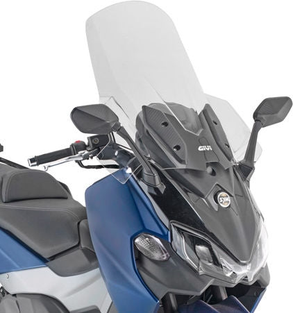 Givi Screen for SYM Maxsym TL 500 20-, color clear, dim. HxW 73 x 71,5 cm, +15,5cm higher than oe, fits oe headlight fairing | D7060ST