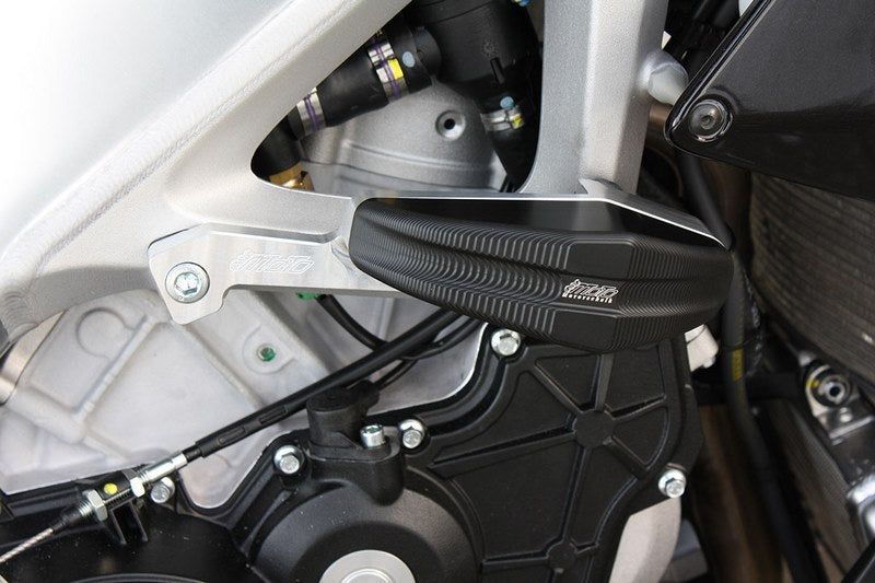 GSG MOTOTECHNIK Crash Pad Set “Streetline”, Holding plates natural aluminium for Aprilia Tuono V4 / APRC (2011-2014) + Tuono V4 1100 Factory (2015-2020) | 1505040-A15A