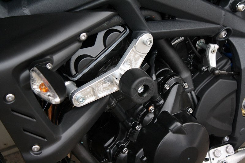 GSG MOTOTECHNIK Crash Pad set, Mounting Plates Black Anodized for Triumph Street Triple 675 / 675 R (2009-2012), mounting on carrier plate | 6544450-T21-DS-SH