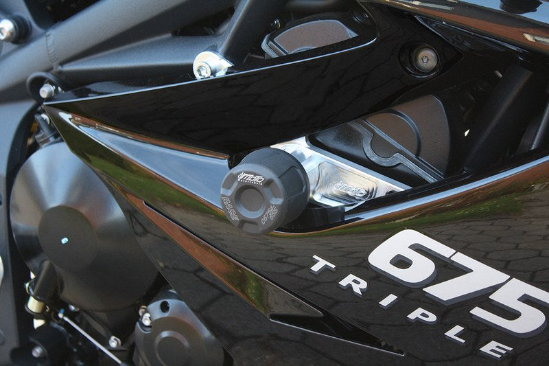 GSG MOTOTECHNIK Crash Pad set, Holding Plates Natural Aluminium for Triumph Daytona 675 (2006-2012), up to chassis number: 459251 | 9044750-T18-DS
