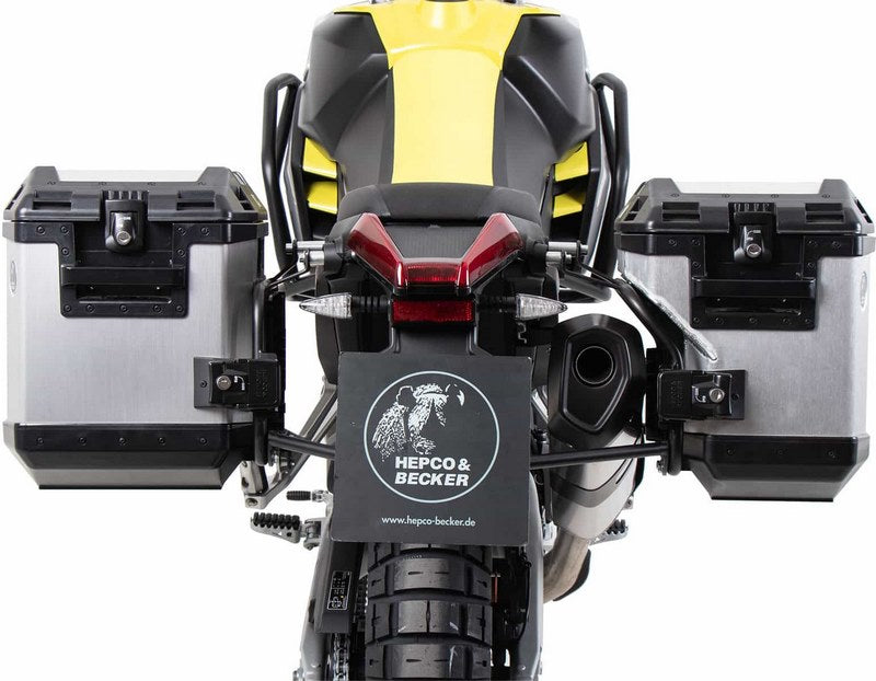 Hepco & Becker Side carrier cutout black incl. Xplorer silver sideboxes for Aprilia Tuareg (2022-) | 6517599 00 01-00-40