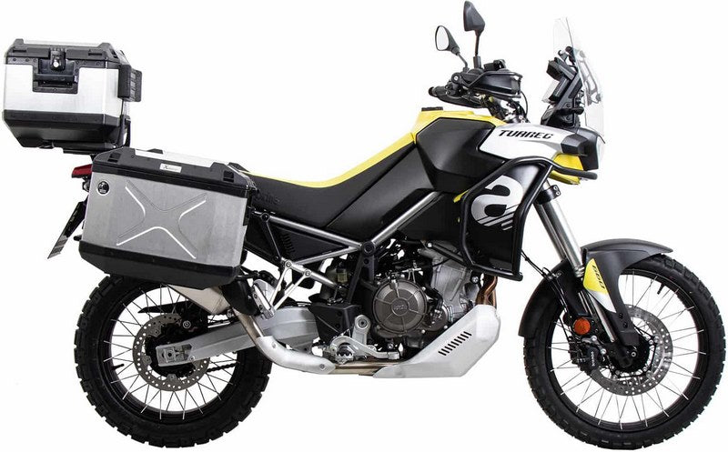Hepco & Becker Side carrier cutout black incl. Xplorer silver sideboxes for Aprilia Tuareg (2022-) | 6517599 00 01-00-40