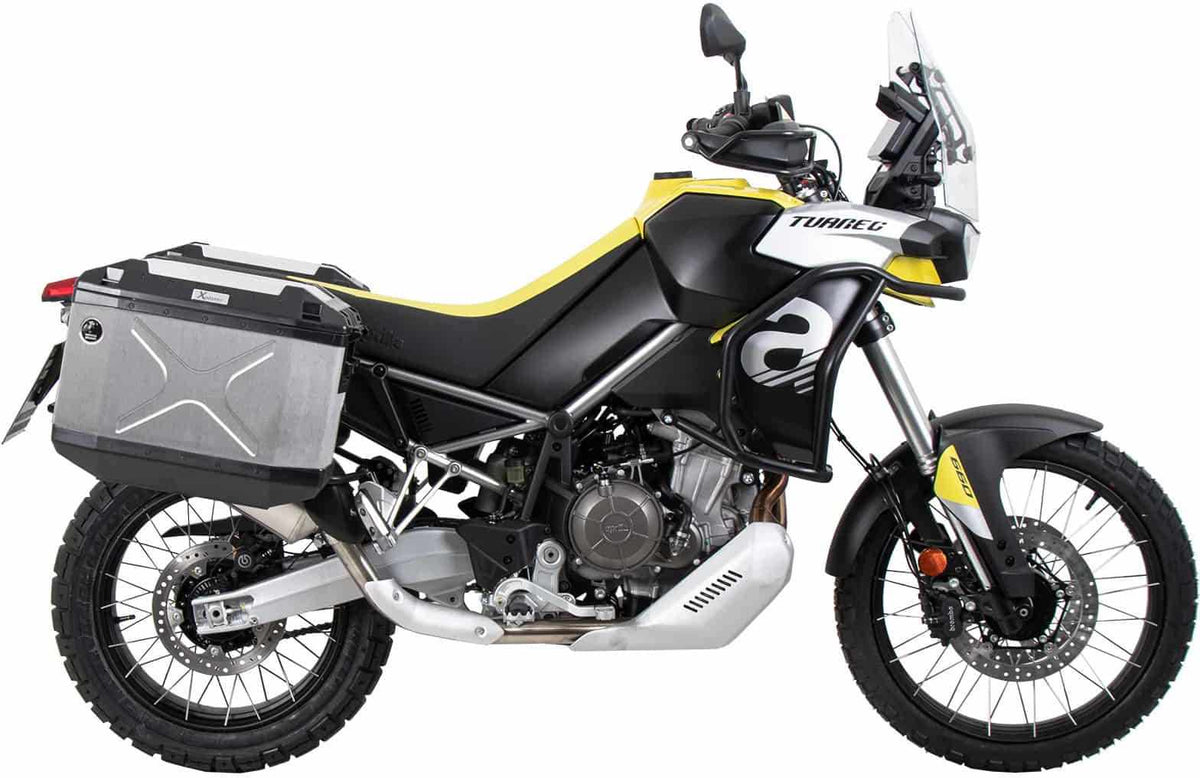Hepco & Becker Side carrier cutout black incl. Xplorer silver sideboxes for Aprilia Tuareg (2022-) | 6517599 00 01-00-40