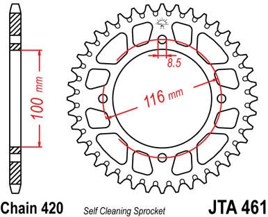 JT SPROCKETS Rear Sprocket 52 Teeth Aluminum Ultra-Light Self-Cleaning 420 Pitch Type 461 | JTA461.52