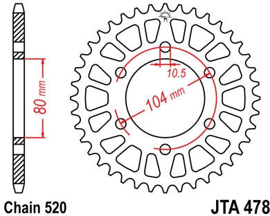 JT SPROCKETS Rear Sprocket 44 Teeth Aluminum Ultra-Light Self-Cleaning 520 Pitch Type 478 | JTA478.44