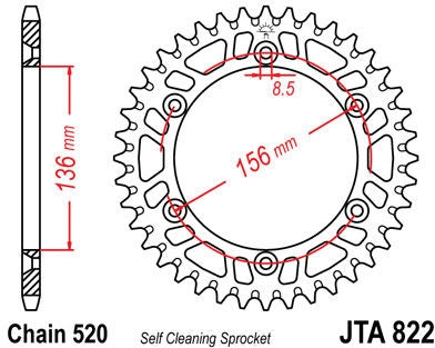 JT SPROCKETS Rear Sprocket 53 Teeth Aluminum Ultra-Light Self-Cleaning 520 Pitch Type 822 | JTA822.53