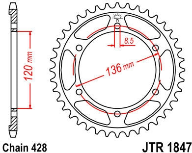 JT SPROCKETS Rear Sprocket 57 Teeth Steel Standard 428 Pitch Type 1847 | JTR1847.57