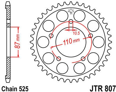 JT SPROCKETS Rear Sprocket 44 Teeth Steel Standard 525 Pitch Type 807 | JTR807.44