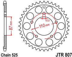 JT SPROCKETS Rear Sprocket 44 Teeth Steel Standard 525 Pitch Type 807 | JTR807.44