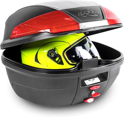 Kappa Black top-case 40 ltr, top-shell with carbon texture, embossed logo plate in a matt titanium colour and with red reflectors | K400N