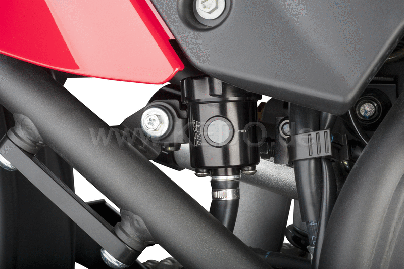 Kedo T7 aluminum Rear Brake fluid reservoir, black anodised, incl specific stainless steel holder (black coated) and mounting material. | 31063