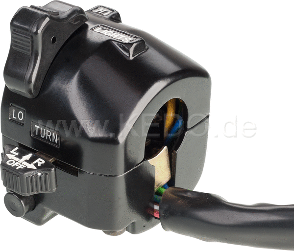 Kedo Handlebar switch Yamaha Style 'Classic' (Lights HI / LO, horn, indicators, like Housing SR OEM) including connectors and wiring diagram. | 40461