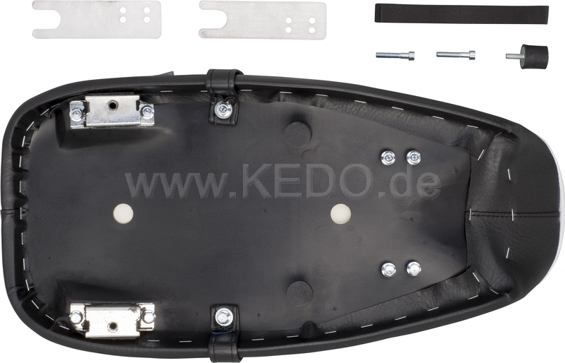 Kedo Seat 'Ultra Classic', ribbed black cover, white piping, ready-to-mount, including rear bracket 27153, length 55cm, incl passenger seat strap.. | 40805