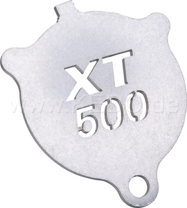 Kedo Side Stand Support (shape like oil filter cover SR / XT), 3mm stainless steel with rounded edges, lasered XT lettering | 41067XT